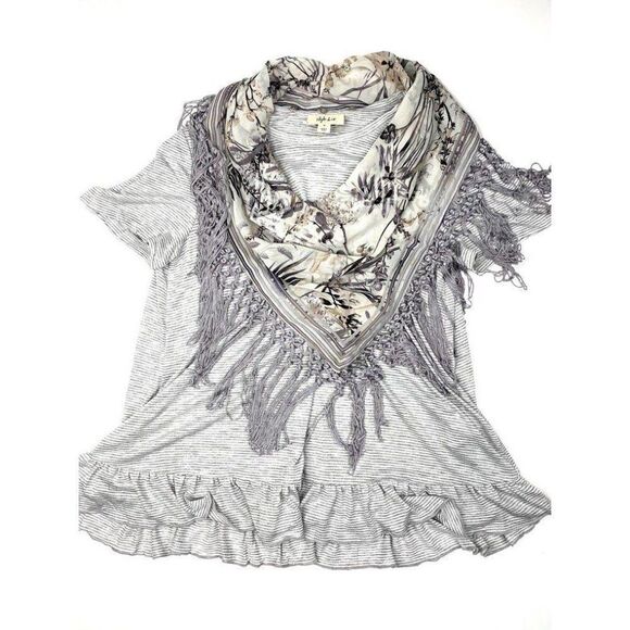 Style‎ & Co Blouse Top Large Grey White Scarf-Neck - Picture 6 of 10